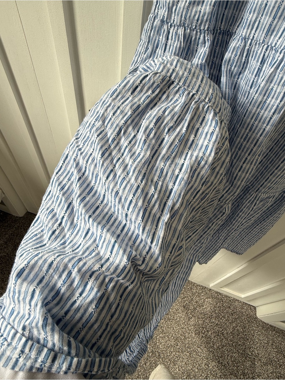 Blue and White Striped Smocked Midi Dress - Picture 2 of 5